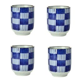 4Pcs Japanese Style Blue White Blocks Ceramic Teacups Small Straight Wine Cups 150ML