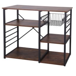 Wood and Metal Bakers Rack with 4 Shelves and Wire Basket; Brown and Black