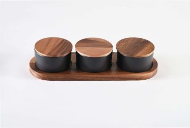 Black Ceramic Condiment Set on Acacia Wood Base