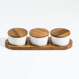 Ceramic Condiment Set on Acacia Wood Base