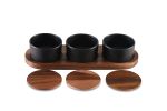 Black Ceramic Condiment Set on Acacia Wood Base